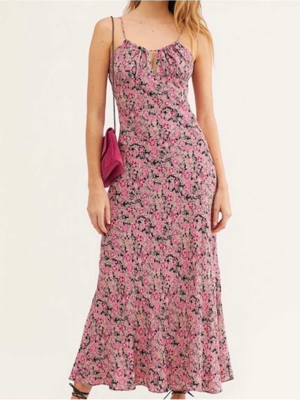 Free People Women’s Pink and Black Floral Keyhole Bon Voyage Maxi Dress